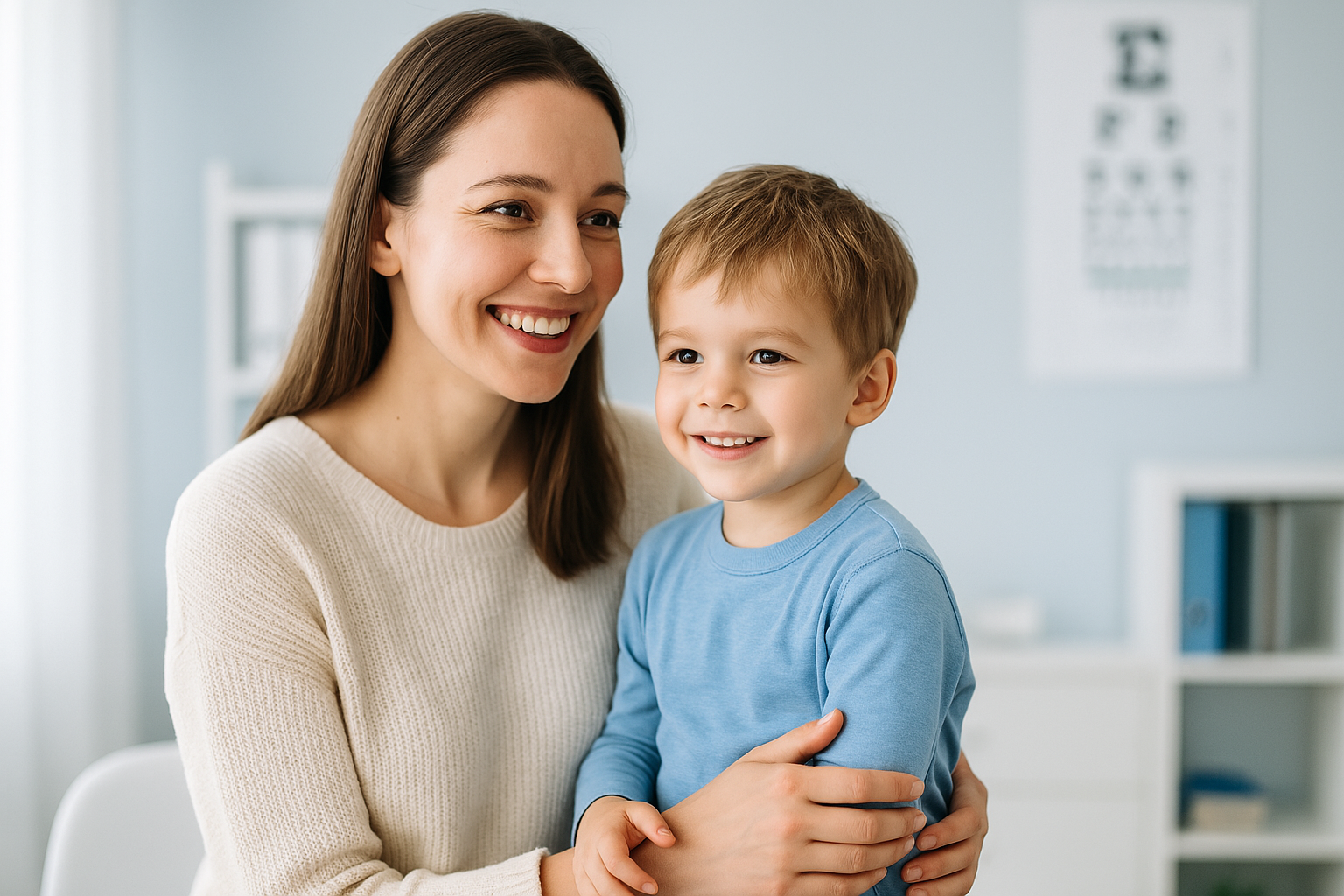 Mãe e filho em consultório médico